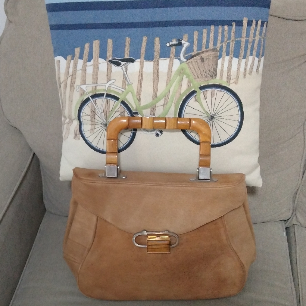 Tan Leather Satchel with Flap Closure